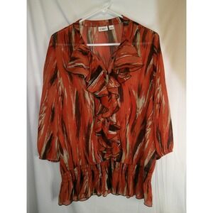 Cato‎ Orange Brown Abstract Print Ruffle Sheer Blouse Top